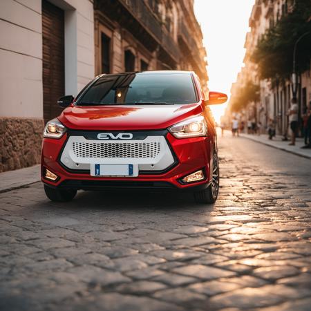 cinematic photo photo red and white evo on a pal street, epic landscape, detailer, masterpiece, realistic, golden hour  . 35mm photograph, film, bokeh, professional, 4k, highly detailed <lora:evo_ctr_pal_tem_SDXL-LoRA-v0741:1>