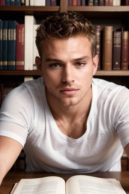 ((masterpiece)), ((best quality:1.2)), High Resolution, 8k, (ultra_realistic:1.3), (photorealistic:1.4), (instagram model, handsome:1.2), sharp focus, a photo of (matthewnoszkakm), wearing white vneck shirt, in a library reading books, bookshelf in the background, teacher, classroom, ((looking at viewer)), <lora:MatthewNoszkaKM_13:0.8>