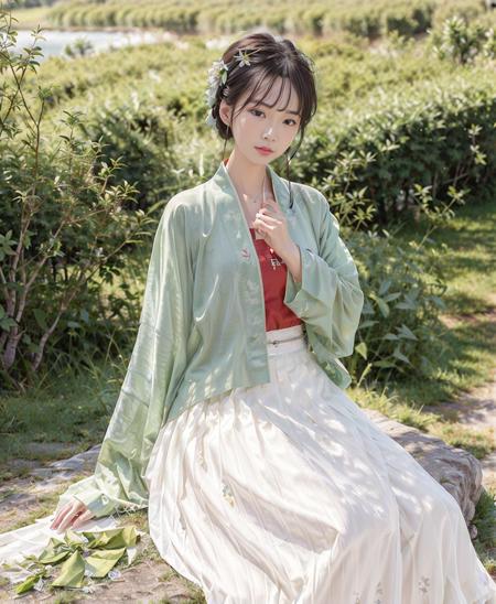 (8k, best quality, masterpiece:1.2), (realistic, photo-realistic:1.2),(sky of background: 1.2),looking at viewer, 1girl,perfect face, perfect eyes,(hanfu, song style outfits, 1girl, green short shan, white pleated skirt, red songmo),<lora:hanfuSong_v31:0.65>,<lora:taiwanDollLikeness_v10:0.15>,full body