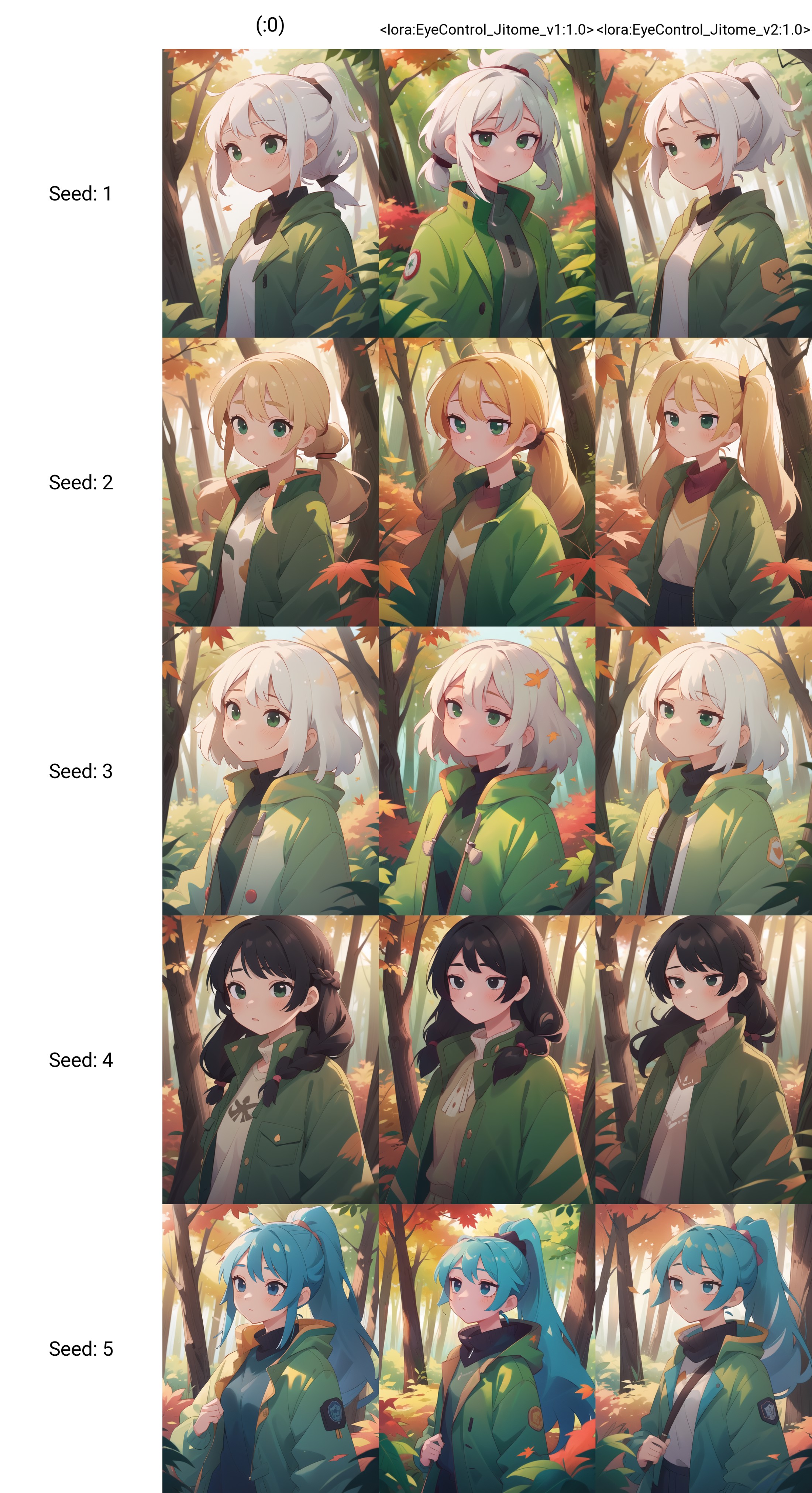 best quality, masterpiece,
1girl,
solo,
jitome,
white hair, medium hair, short ponytail,
upper body,
green jacket,
forest,...