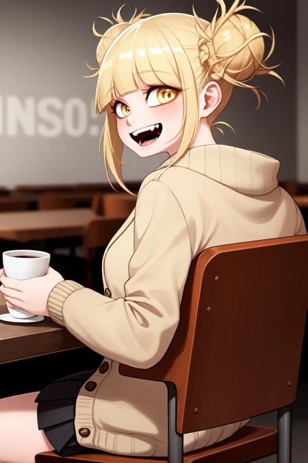 1girl, solo, sitting, on chair, togahimiko,
blonde hair, short hair, messy hair, double bun,
yellow eyes, looking at viewer, looking back, bags under eyes,
fangs, smile, open mouth,
beige cardigan, pleated skirt, serfauku,
indoors, cafe,
<lora:Yabby v3:1>
 <lora:Boku no Hero - Himiko Toga:1>