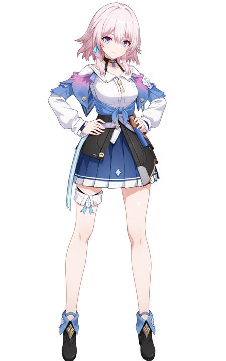 sanyueqi, 1st clothes, 1girl, blue skirt, pink hair, white shirt, bangs, long sleeves, blue eyes, sanyueqi, 2nd clothes, blue princess short dress, 1girl, blue eyes, bangs, bare shoulders, dress, white thighhighs, sanyueqi, 3rd clothes, chinese clothes, 1girl, fingerless gloves, multicolored eyes, breasts, black gloves, white thighhighs,