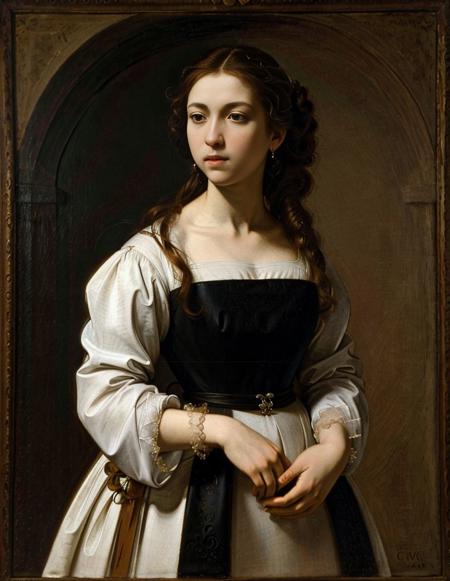 a painting of a standing woman by Crvgg, brown hair, long sleeves, white dress, long hair, simple background, caravaggio,  <lora:caravaggio_resize:1>