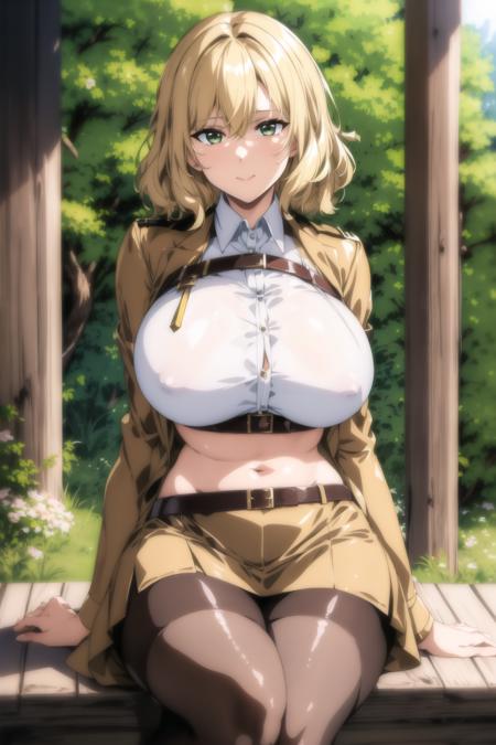 (day:1.7), Forest background,
sitting on the floor,
belt,brown jacket,long sleeves,thigh strap,white shirt, military uniform, Black_pencil_skirt,pantyhose, thighs,midriff, navel,
 <lora:Hitch_Dreyse_AOT-KK77-V1:0.7>,<lora:Front_Innocent_repack-KK77-V1:0.3>,
blonde hair,Green eyes,bangs,wavy short hair, (hair between eyes:1.3),
1 girl, 20yo,mature female,Beautiful Finger,Beautiful long legs,Beautiful body,Beautiful Nose,Beautiful character design, perfect eyes, perfect face,
looking at viewer,
NSFW,official art,extremely detailed CG unity 8k wallpaper, perfect lighting,Colorful, Bright_Front_face_Lighting,
(masterpiece:1.0),(best_quality:1.0), ultra high res,4K,ultra-detailed,
photography, 8K, HDR, highres, absurdres:1.2, Kodak portra 400, film grain, blurry background, bokeh:1.2, lens flare, (vibrant_color:1.2)
(Beautiful,Large_Breasts:1.2), (beautiful_face:1.5),(narrow_waist),