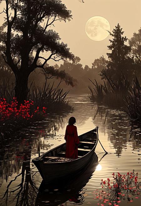 linquivera,  Ink illustration, (anime:0.5), brown tones, aged black red paper, inkpunk, moonlight,surreal, a ghost standing on a boat in swampy wetlands, (at a distance), Will-o'-the-wisp, moonlit, lonely, solitude, windy, tall trees, willows, willowy,  OverallDetail, extremely detailed, UHD,(long exposure , dystopian but extremely beautiful:1.4),