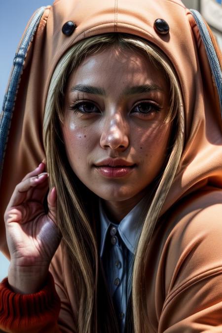 masterpiece, best quality, ultra-detailed,  yomozuki runa, blonde hair, purple eyes, long hair,  kigurumi, black animal ears, red school uniform, <lora:RunaTEST1:.8>, photorealistic, octane render, best quality, looking at viewer, looking down, sharp focus, (8k), (4k), (Masterpiece), (Best Quality), (realistic skin texture), extremely detailed, intricate, hyper detailed, , illustration, soft lighting, , high resolution, sharp detail, blush, outdoor, blue sky, cloud day, day,