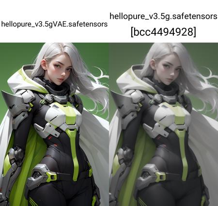 absurdres,1girl BREAK android,(grey cybersuit),(black upper armor),mechanical arms,machinery,prosthesis,solo,silver hair,long hair,cloak BREAK looking at viewer,hand on hip,contrapposto,(green background:1.2) ,<lora:nijiarmor_v2:0.8>,<lora:GoodHands-beta2:1>,