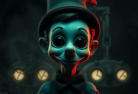Generate a high-definition, 4K image of a Dark Element Pinocchio, characterized by a monochromatic green hue and square black pupils, centered within a Dieselpunk background. Incorporate eerie black smoke and utilize the reallusion character creator. Ensure the image adheres to the golden ratio and features micro, lifelike details along with dynamic shadows. The output should be in clear color with full dynamic range for edge-to-edge printing.