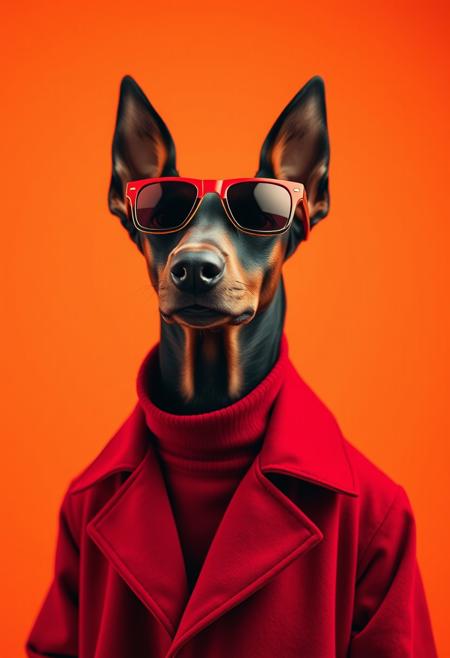 The best mobile wallpaper, Award-winning wallpaper, Portrait Photography, In front view is a portrait of a dobermann wearing 1960s mid-century space-age fashion, Side view shot, Shot with Canon EOS R5, Setting a stark contrast that accentuates the subject, Fluorescent maroon shade, Wearing a very fashionable lounge coat and sunglasses are a hip 1960s style, Clothing all in one color, Beautiful background