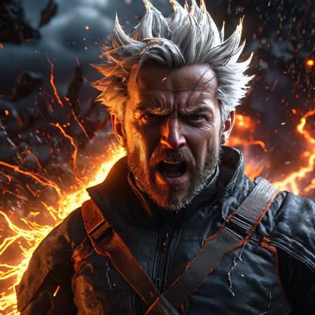 super sayain , (full body ),(ultra detailed), (ultra realistic), RAW photo,HDR,photorealistic, 8k, high res, extremely detailed face, black hole in background, full body, ,  huge dark flames in background, glowing  lightning in background, shattered ice,red lightning  surrounding area, black hole, glowing, , (lightsaber with black aura in hand), silver hair,