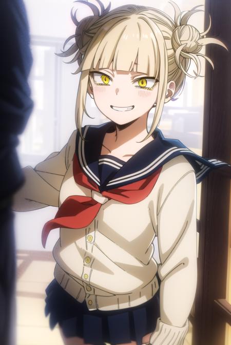 togahimiko, <lora:himiko toga s5-lora-nochekaiser:1>,
himiko toga, (toga himiko:1.2), bangs, blonde hair, (yellow eyes:1.5), blunt bangs, hair bun, double bun, messy hair, smile, grin, teeth,
BREAK skirt, long sleeves, school uniform, pleated skirt, shoes, serafuku, socks, sailor collar, blue skirt, neckerchief, kneehighs, brown footwear, cardigan, black socks, loafers, red neckerchief, yellow cardigan,
BREAK indoors, classroom,
BREAK looking at viewer, (cowboy shot:1.5),
BREAK <lyco:GoodHands-beta2:1>, (masterpiece:1.2), best quality, high resolution, unity 8k wallpaper, (illustration:0.8), (beautiful detailed eyes:1.6), extremely detailed face, perfect lighting, extremely detailed CG, (perfect hands, perfect anatomy),