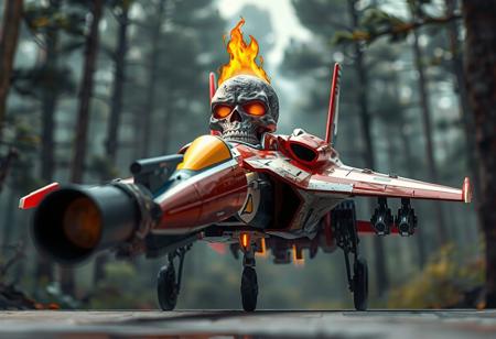 Experience a captivating, detailed view of the iconic Dark Strike Fighter, vibrant in red, white, blue, and yellow. This 4K image showcases the ready-for-action fighter jet with a large gun, standing out against the serene Erosion Hand Forest background. The Dark Strike Fighter's Burning Skull Head, adorned with a yellow visor, adds a striking contrast. In this exceptionally detailed, sharp, and vivid illustration, appreciate the dynamic action pose, intentional focus, well-timed moment, and harmonious colors, as if straight from CGSociety or Artstation's trending collections, now in an impressive 8K resolution.