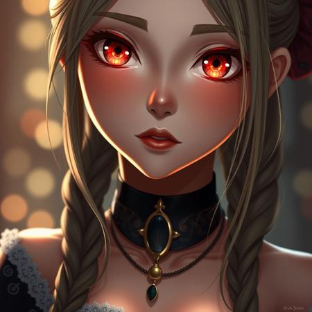hyperrealistic digital painting by Jeremiah Ketner and Charlie Bowater and Stanley Artgerm and Thomas Saliot and J. Scott Campbell, shallow depth of field, realistic anime, bokeh, lifelike anime woman, closeup on cute face and body, glowing red eyes, lips, light and shadows on face, Irish girl wearing a royal choker, amulet, fully dressed, cleavage