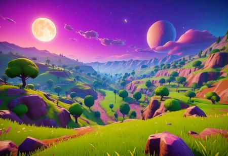 CGI Render, 3D, Photo Art, Neo-expressionist, Impressionist, Fortnite, a valley at moonrise, accurate, refined, defined, highly detailed, follow negative prompts,