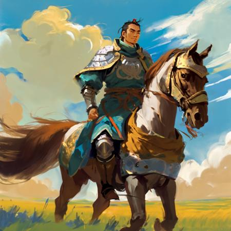 a hansome man wearing a armor,ridding a horse on grasslands, cloud, blue sky, sunshine, oil painting  <lora:totk_1.1:1>