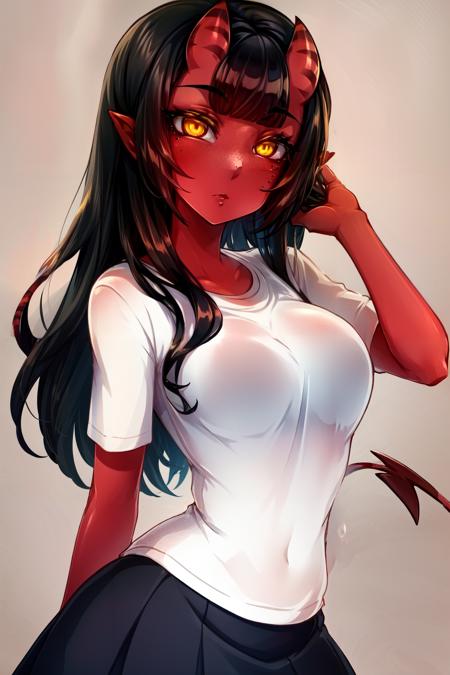 <lora:meruccubus-10:1> meruccubus, yellow eyes, red oni, simple background, long hair, mole under eye, red horns, oni horns, pointy ears, looking at viewer, skin-covered horns, medium breasts, tail, solo, demon girl, demon tail, 1girl, colored skin, freckles,black hair, red skin , t-shirt , bubble skirt