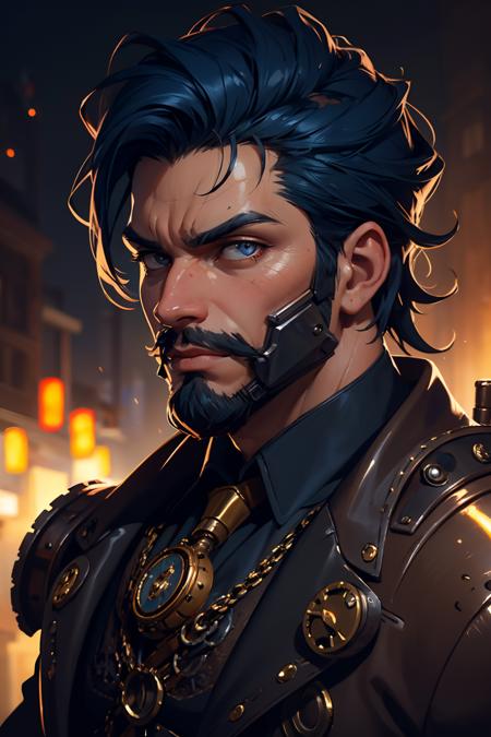 highres, masterpiece, perfect lighting, night, bloom, cinematic lighting, adult, male, 1boy, looking at viewer, portrait, close up, from above, facial hair, wild beard, dark blue hair, formal, suit, dark theme, (steampunk:1.3), cartoon stylish, (expressive), (cybernetic:1.18), toned, serious,