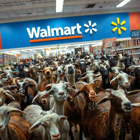 A herd of goats storms Walmart at 2 pm sharp, baaing excitedly as they compete in a chaotic “Switch 2” rush—each convinced they deserve one.