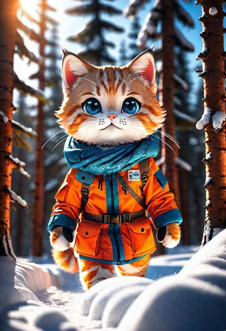 Close up, 8k, hdr, rgb, portrait, shadow art, A Cute Chibi cat wearing an orange survival gear coat walking in deep snow, blue eyes, walking stick, winter color tone, dense snowfall, pine trees forest background, depth of field, high contrast, extremely detailed, 
The interplay of light and shadow through this flowing effect and volume creates a mesmerizing, beautifully creative gothic music.
Giovanni Boldini, Bastien Lecouf-Degarme, Carn Griffiths, E. Abramzon, Raphael, Caravaggio, Coby Whitmore, Titian, Leonardo da Vinci,