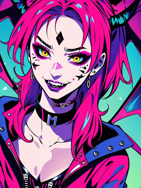 Demonic Kawaii Style, 1girl, blue hair, choker, demon wings, facial mark, fangs, jacket, jewelry, lipstick, looking at viewer, makeup, medium hair, open mouth, pink hair, smile, solo, sweat, upper body, wings, yellow eyes, zipper