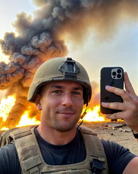 <lora:iphone_mirror_selfie_v01b:1>
((very grainy low resolution amateur:1.2))
 iphone mirror selfie
navy seal army man holding iphone pro
outdoors, battlefield
explosions, fire, debris