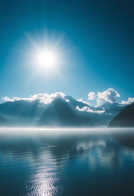 A serene landscape of a sparkling lake, gentle clouds drifting in a bright blue sky, majestic mountain peaks emerging from the mist, vibrant colors, reflective water surface, tranquil atmosphere, high detail. highly detailed and hyper realistic photo, by Alena Aenami , by Archibald Thorburn , by Daniele Afferni , in the style of  monochromatic silhouette reflection,  limited dark palette, unusual dark colors, faded colors, atmospheric haze, highly dramatic cinematic lighting, motion blur, film grain,  professional, excellent composition, finest details, maximized details, ultimate detail level, masterpiece, best quality