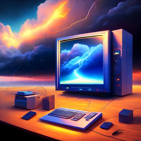 (weathercontrol:1) a painting of a computer with a storm in the background <lora:djzWeatherControlV21_LoraBooth:1>