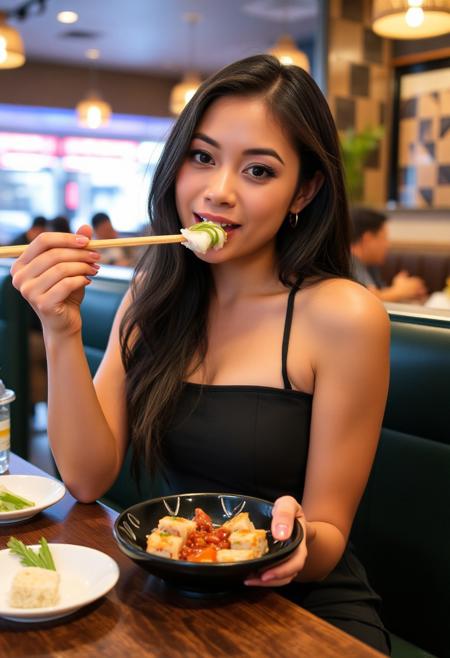 Latina Girl eating sushi in a restaurant, with black tight dress