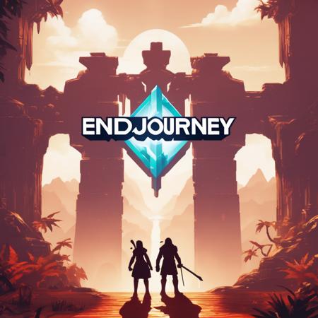 Endjourney logo title text letters font written on videogame poster art,
Text says "Endjourney" readable,
Epic lettering caption,