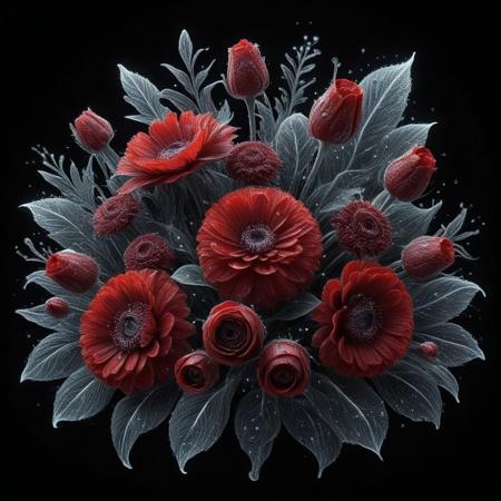 illustrate an intricate floral arrangement bursting with life against a stark black background, focus on detailed petals of deep reds, each stroke adding depth and realism to flowers, flowers should appear luminous, with dewdrops accenting their edges, giving a fresh and serene vibe, overall composition should balance vibrant life of flowers with void-like darkness, creating a striking contrast