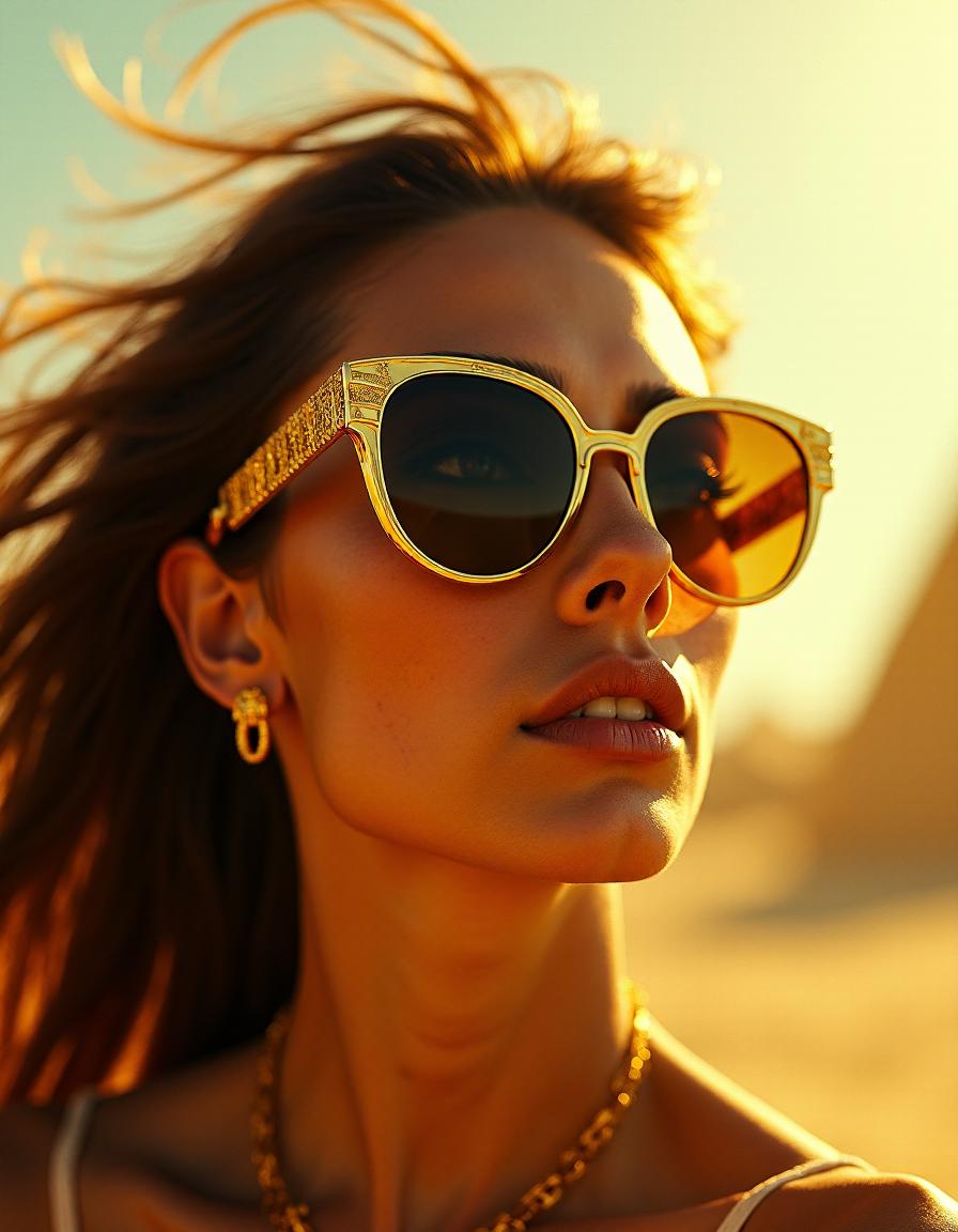 RAW photo, Geeky Egyptian Sunglasses, stylized by William Whitaker, detailed, masterpiece, Heterotype, Kodak Portra 160, Depth of field 270mm, Cream mist, poster art, fine artistic composition, unique, magical composition, cinematic light, stunning detail