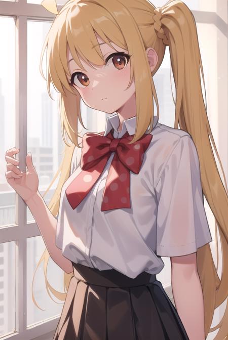 nijikaijichi, <lora:nijikaijichitest:1>, nijika ijichi, ahoge, blonde hair, (brown eyes:1.5), long hair, one side up,
BREAK black skirt, bow, bowtie, collared shirt, pleated skirt, polka dot, polka dot bow, red bow, red bowtie, red footwear, shirt, shoes, short sleeves, skirt, socks, white shirt, white socks,
BREAK looking at viewer,
BREAK indoors, classroom,
BREAK <lora:GoodHands-vanilla:1>, (masterpiece:1.2), best quality, high resolution, unity 8k wallpaper, (illustration:0.8), (beautiful detailed eyes:1.6), extremely detailed face, perfect lighting, extremely detailed CG, (perfect hands, perfect anatomy),