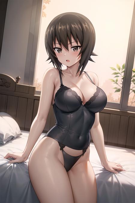 masterpiece,best quality, 1girl,solo,girls und panzer, nishizumi maho, (black lingerie:1.2),indoors,night, bed, cowboy shot, <lora:Nishizumi Maho:0.6>