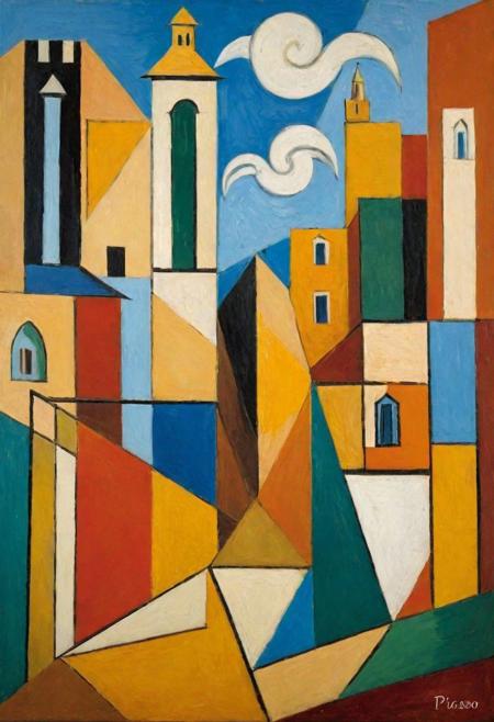 Generate an image in the cubist style of Pablo Picasso. The artwork should depict a fragmented and abstract interpretation of a busy urban landscape, using geometric shapes and a diverse, yet harmonious color palette to create a dynamic and multi-perspective view