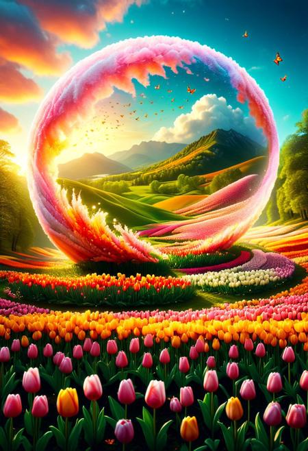 Inside delicate glass sphere captured fleeting slice perfection, immortalized frame-by-frame film reel preserved eternity:
Soft amber hues cast long graceful fingers caressing verdant rolling hills dotted clumps vibrant flowers painting picture postcard serenity. Warm summer breeze whispers secrets through rustling emerald leaves filtering golden sunlight motes dancing ethereal fairies pirouetting midair stage backdrop enchanting tableau. Gentle slope descends gradually meets idyllic lake mirror reflecting clouds cotton candy pink sherbet skies bruised edges bleeding day transitioning to velvet night canopy studding early stars just awakening yawn stretch blink hello. Peace reigns sovereign.
Amid this Eden nestle pair intertwined innocence passion blossomed first blush young love unfurling petals tentative explorations touching forehead brushing lips butterfly wings grazing electricity zipping nerve endings setting skin tingling everywhere feather-light teasing grazes maddening arousal potential.
concept-art, adventure, characters, fantasy, whimsy, dreaminess, colorful, digital, illustration, magic, 
beautiful, painterly, detailed, textural, artistic, aesthetic, rich details, 
intricate details, highly detailed, ultra-detailed, absurdres, vivid, vibrant, volumetric lighting, 
jaynl-tm, made of tulips, aid291, midjourneyv6.1, ais-particlez