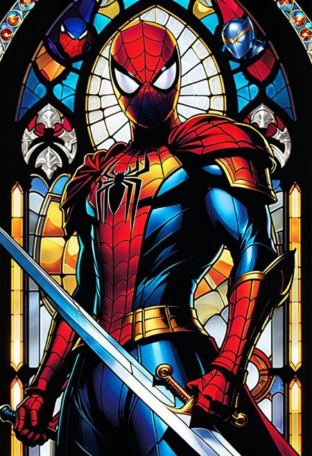 Manga-Inspired Stained Glass. Close-up portrait. Spider-man as a knight of the round table holding a sword in a grand hall. Flat, two-dimensional artwork. Vibrant stained glass reflecting onto his armor. Dynamic, cinematic lighting illuminating his determined expression. Masterpiece, best quality, clip studio paint style, anime-inspired art, Studio Trigger-like color palette, deep colors, cel-shaded textures, anime wallpaper-worthy composition, vivid manga scan aesthetic, high contrast, detailed lines, bold shadows.