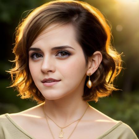 closeup picture, best quality, a 25yo beautiful EW<lora:EW:1.0>, short hair, looking at viewer, brown hair, closed mouth, forest st sunset background, jeand and t-shirt, golden pendant, earrings, realistic, 8k, hdr