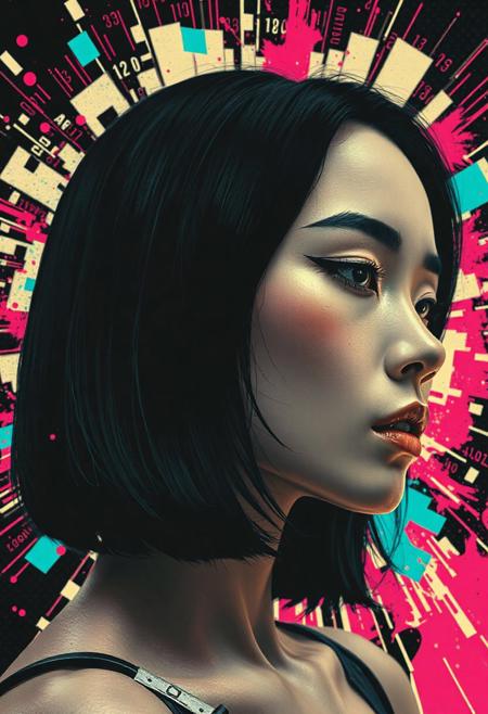 Rendered in bold, expressive pop-art style with abstract overlays, double exposures and halftone textures, this extreme close-up captures the profile of a young Japanese cyborg woman. Her ceramic faceplate is delicately crafted—porcelain-smooth with faint microfractures, seamlessly blending with patches of exposed synthetic muscle beneath the cheek and jaw. Her natural black hair cascades in a sharply cut bob, contrasting against the sleek, mechanized beauty of her face. Her averted gaze is framed by a dramatic stroke of matte obsidian eyeshadow and subtle circuitry beneath the skin, glowing faintly like embers. The background erupts into a hyper-stylized cyberspace collage: shattered LED panels, floating kanji code, and amorphous bursts of electric fuchsia and aquamarine. The mood is erotically charged yet eerily serene—a tribute to both sensual human elegance and futuristic design, evoking a blend of Roy Lichtenstein’s pop aesthetic with cybernetic minimalism.