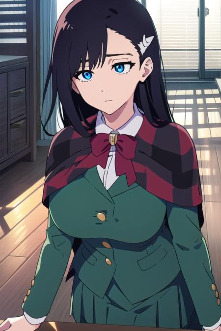 noelniihashi, <lyco:noelniihashianime-LYCORIStest:1>,
noel niihashi long hair, blue eyes, black hair, hair ornament, hairclip, (large breast:1.2),
BREAK skirt, shirt, long sleeves, bow, school uniform, jacket, white shirt, pleated skirt, collared shirt, bowtie, red bow, plaid, capelet, blazer, green skirt, green jacket,
BREAK looking at viewer,
BREAK indoors, classroom,
BREAK <lora:GoodHands-vanilla:1>, (masterpiece:1.2), best quality, high resolution, unity 8k wallpaper, (illustration:0.8), (beautiful detailed eyes:1.6), extremely detailed face, perfect lighting, extremely detailed CG, (perfect hands, perfect anatomy),