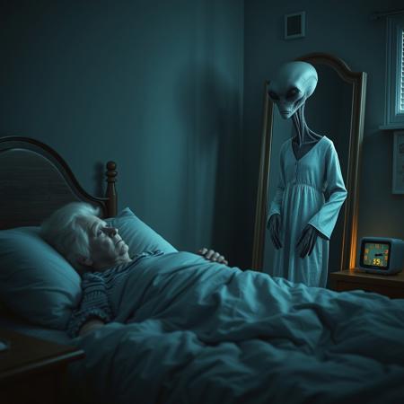 score_9, score_8_up, score_7_up, realistic, photo, high quality, extreme detail, photogenic, (((photorealistic))), best quality, realistic lighting, source_photo, elderly woman laying in bed, elderly woman just woke up because she had a bad dream, she is reaching over to turn on the bed side light but she catches sight of a tall grey alien, the tall grey alien is standing on the other side of her bedroom, the tall grey alien is standing in front of a full body mirror, the tall grey alien hear the elderly woman get up and is looking back at her, both are surprised, the elderly woman is in shock, the alien is wearing a night gown, the alien was putting on the elderly woman's lipstick, the alien has poorly applied lipstick around its mouth, at night, bedside table, alarm clock displaying 3am, digital alarm clock, the alarm clock and window are the only sources of light, goofy, silly,