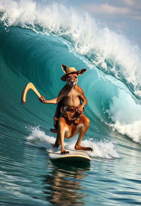 epic hero photograph, a magnificent kangaroo wearing a bush hat and a belt, bush knife at the belt, holding a boomerang, surfing under a big curved wave on the Australian coast