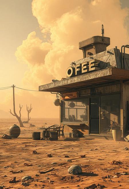 An exterior view of a futuristic, destroyed, lonely coffee shop, post apocalyptic barren planet, dry and dusty, parched surface, hot windy atmosphere, dust blowing, smoke, rising in the background, broken glass, decay