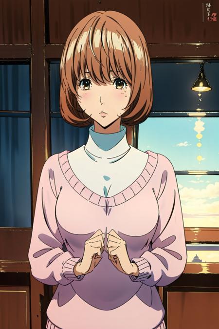 aokiko 1girl pink sweater white turtleneck