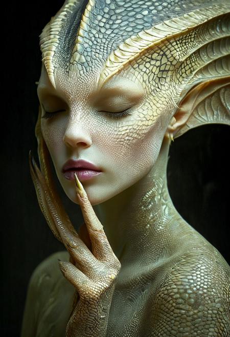 This is a hyper-realistic CGI image of an androgynous, ethereal being with an uncanny resemblance to a mythical creature, likely an alien or fantastical being. The subject has a pale, almost translucent skin covered in intricate, scale-like patterns that resemble the texture of a reptile, in shades of gold, brown, and muted earth tones. Their face is adorned with a delicate, almost imperceptible pattern that enhances their otherworldly appearance.
The being's eyes are closed, giving an impression of serenity or perhaps slumber. They have striking, elongated, pointed ears that are a darker, almost black hue, adding to the fantastical, alien-like quality. The lips are full and painted with a deep, natural pink lipstick, complementing the muted color palette of the skin.
Their fingers are long and slender, with sharp, talon-like nails, hinting at a predatory nature. One hand is gently touching their cheek, adding a touch of vulnerability to the otherwise imposing figure. The background is a dark, almost black gradient, which deepens the focus on the subject and enhances the ethereal, almost spectral quality of the image.
The lighting is soft and subtle, with a cool tone, highlighting the intricate details of the skin texture and the delicate features of the being.