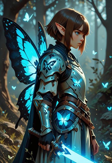score_9_up, score_8_up, score_7_up, score_6_up. masterpiece, best quality, good quality, very aesthetic, absurdres, semirealism, fantasy, 8K, depth of field, focused subject, cowboy shot, Elf knight, 19yo, androgynous, pointed ears, short brown hair, male haircut, blue eyes, wearing detailed armor, wielding blue glowing sword, he is standing, sword resting against the ground, large white glowing butterfly wings on the knight's back, trees in background, hkvaloria