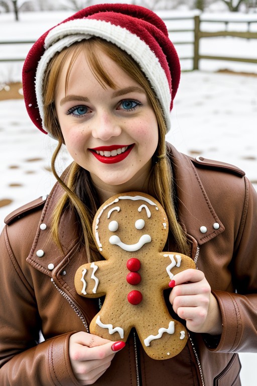 Gingerbread_Man, food, cookie, a realistic dancer holding a large gingerbread cookie, background with a street made out of gingerbread,  leather jacket, lipstick, snowy environment