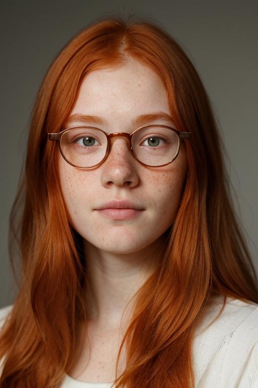 A young woman with red hair and glasses.