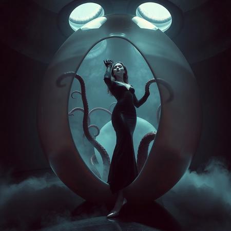 noble norvegian femme fatal lady  standing struggling with with tentacles pulling her inside  hole in giant transparent slime egg,  wearing evening GLOSSY THIN black slime live tentacles gown, GLOVES  and high heels, , surrounded by  weird fog from the floor, captured in light beam from celling,  alien breeding chamber,  , portholes to outer space,  ultrathin waisT, HORROR,  reminiscent of H.R. Giger, Zdzisław Beksinski, and Ash Thorp's dark, sleek styles, with close-up glamour photography, glossy satin and silver heels glistening, fleshy slime dripping, and dark shadows.