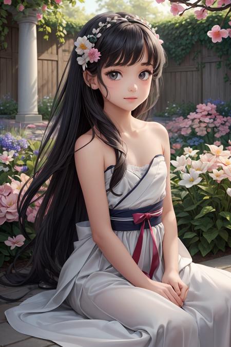 (masterpiece, best quality:1.4),(little girl:1.5),lace,ribbon,hanfu,(masterpiece, sidelighting, finely detailed beautiful gray eyes: 1.2), masterpiece, realistic, glowing eyes,shiny hair,black hair,long long hair, lustrous skin, solo, embarassed,Strapless,exquisite,beautifly,garden,flowers,flying petals,,<lora:more_details:0.3>, <lyco:GoodHands-beta2:0.8>,