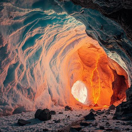 8k, source_photo, source_real, traditional media, real life photo, huge natural ice cave, lit from above, vivid ice patterns, bright colours in the ice, glowing runes on the wall, exposed rock formations cover the ground and walls, medieval, dungeons and dragons